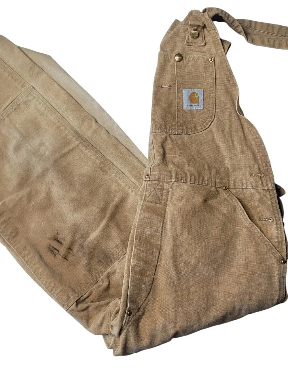 Carhartt Tan Duck Canvas Bib Overalls with Dark Brown Straps 36
